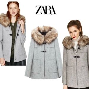 Zara Gray Duffle faux fur Hooded Winter Coat jacket Sz S